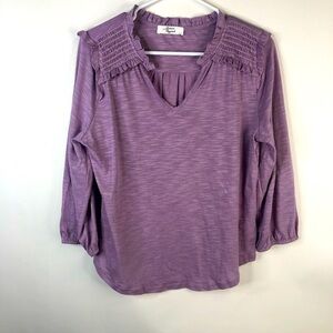 Beacon lavender lilac purple tee smocked shoulders long sleeves ruffle collar M